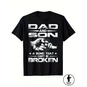 Men's 100% Cotton Dad & Son Bond T-Shirt - Matching Family Shirts with Father-Son Clasped Hands & Hearts Print, Plus Size Casual Round Neck Short Sleeve Tee for Father's Day Gifts, Family Reunions & Casual Attire, PLUS SIZE