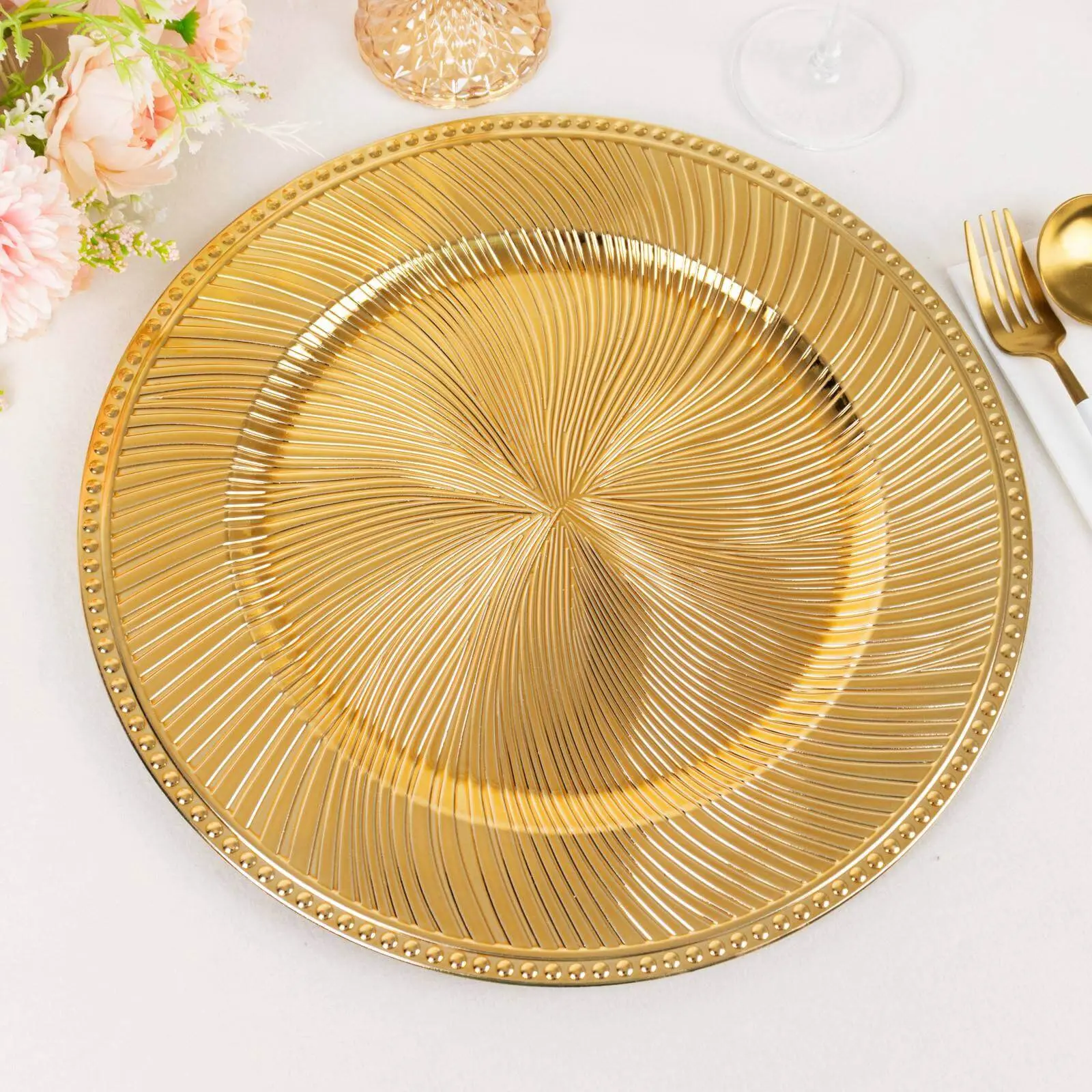 13-Inch Round Decorative Plates, 6-Pack Acrylic Party Charger Set - Metallic Gold Swirl Pattern, Beaded Rim Plastic Elegant Dinnerware for Party Hosts, Party Host