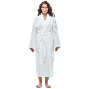 Arus Women's Turkish Terry Cotton Robe, Shawl Collar Bathrobe , White , Large/X Large