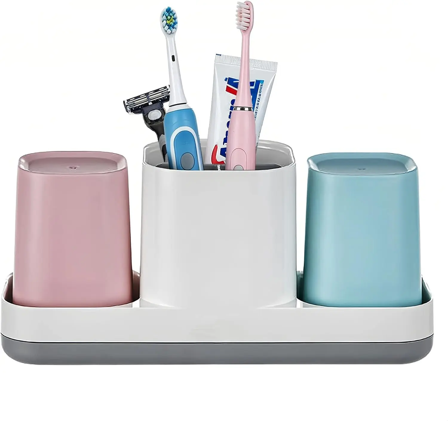 Toothbrush Holder for Bathroom, Kids Toothbrush Holder with Cups, Electric Toothbrush Holder for Bathroom Decor, Kids Bathroom Accessories Set with Toothpaste Holder, Pink & Blue
