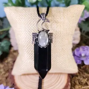 Crescent Moon Pointed Obsidian Necklace with Labradorite Accent, 24' Black Satin Cord, and Protective Energies - Natural Crystal - hippiejewelry earthy jewelry