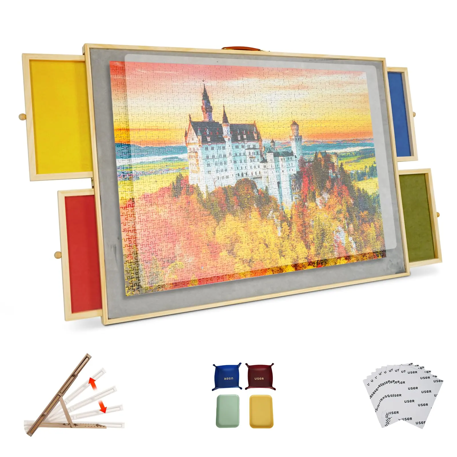 Portable Puzzle Board with Storage Drawers, Adjustable Tilt Puzzle Table for Adults, Large Puzzle Organizer with Cover and Sorting Trays