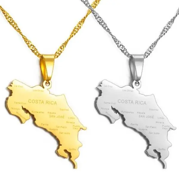 Costa Rica Necklace, Art, Print, Flag, Painting, Map, Gift Cuban Link Chain Gold Plated Amulet