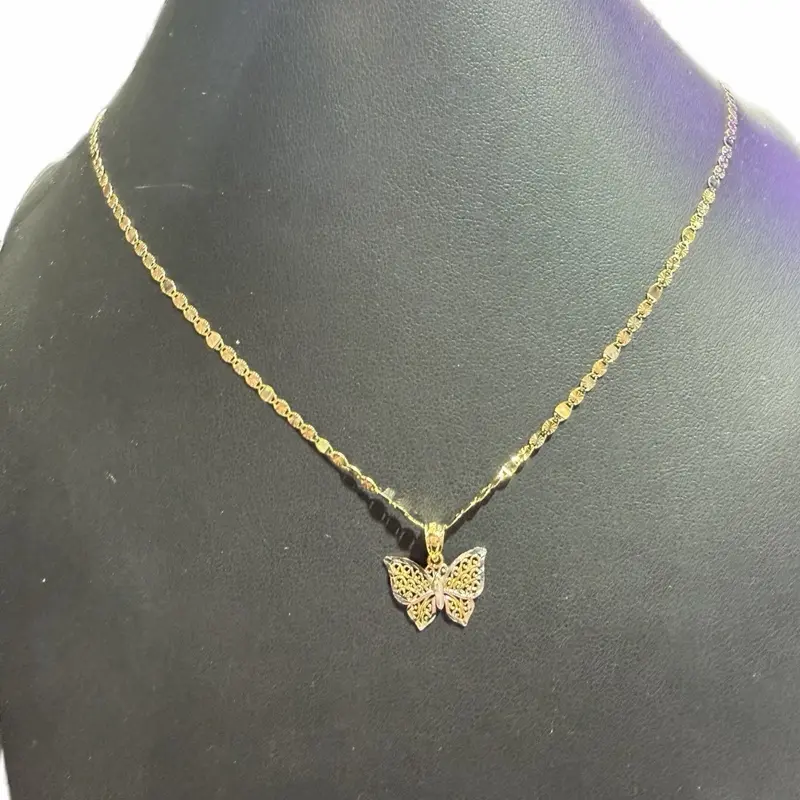 14Kt Gold Butterfly Pendant with 20in 3-Tone Chain