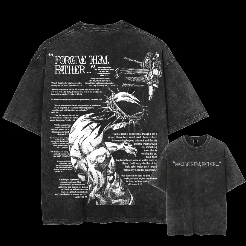 "Forgive Them, Father" Graphic T-Shirt Unisex Casual Crewneck Religious Artwork Steel Ball Run - JoJo Manga - Inspired Jesus Spiritual Statement Pullover
