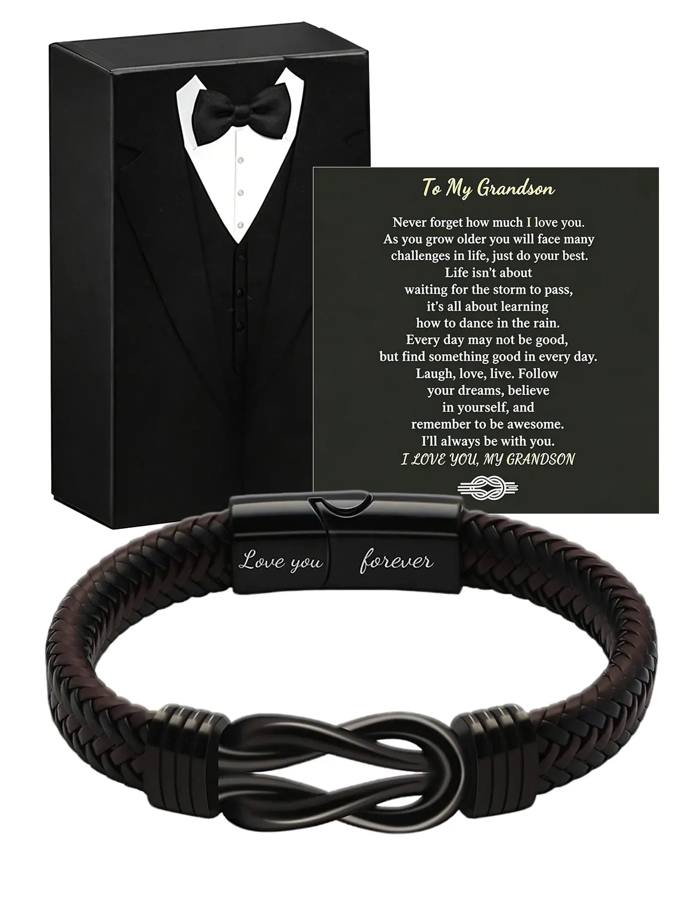 Graduation Gift for Grandson, Cool Infinity Symbol Leather Bracelet, Inspirational Bracelet, Perfect for Birthday, Christmas, Anniversary, Valentine's Day, Men's Gifts, HS Graduation Gifts