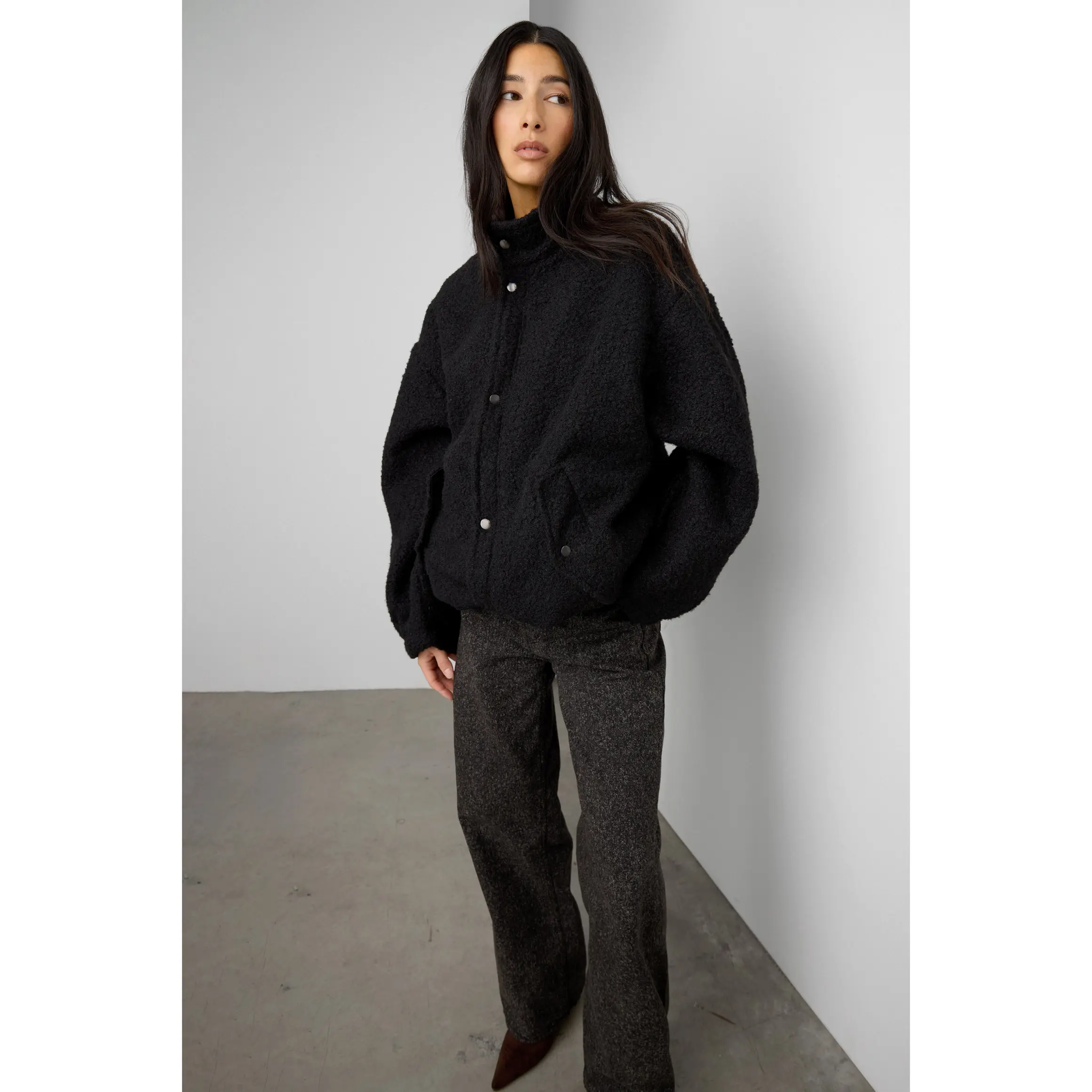OVERSIZED BOUCLE JACKET WITH SNAP DETAIL - TikTok Shop