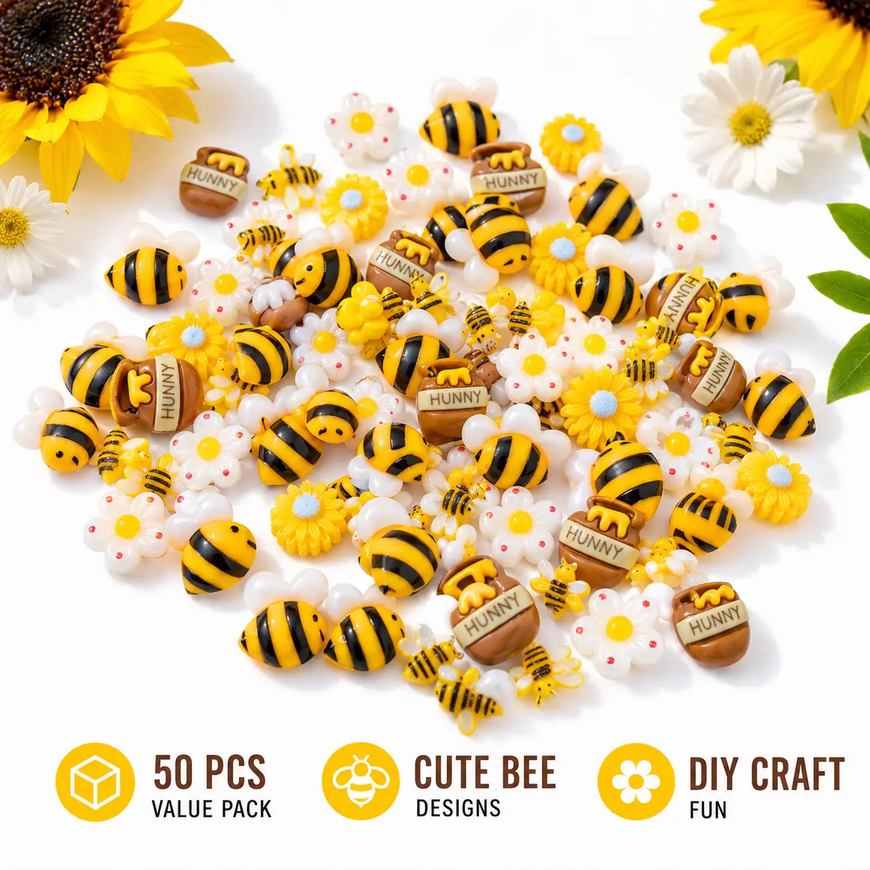50PCS Tiny Resin Bees Craft Charms – Flatback Bumble Bee Embellishments, Cute Flower & Honey Jar DIY Decorations for Scrapbook, Wreath, Card Making & Party Crafts
