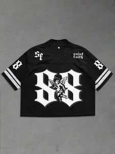 Men's Loose-Fit Cropped T-Shirt (Single Pack) — Featuring Dropped Shoulders, Breathable Mesh Fabric, and Angel & Number Graphics; Ideal for Casual Daily Wear with a Youthful, Collegiate Streetwear Vibe. Casual Style Tee