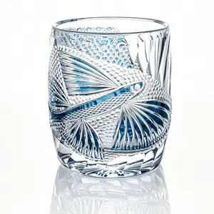Crystal "Flying Fish" Edo Kiriko Style Whiskey Glass | Premium Blue Overlay Crystal Tumbler | Luxury Hand-Cut Nautical Old Fashioned Glass Gift for Men (330ml)
