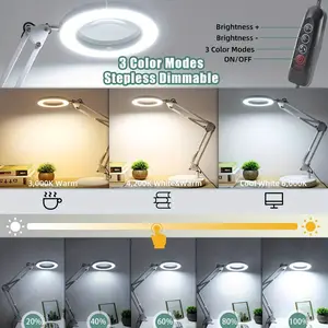 Magnifier with lamp and bracket 8X real glass 2-in-1 table lamp and clip, 3 color modes infinitely adjustable, LED luminous magnifying glass, with reading light, handicraft maintenance, closed works