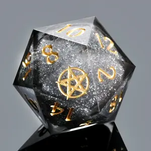 Gold Set Laser Engraved Pentagram Liquid Core Resin Dice DND Polyhedral Dice High Transparency Evil Shadow Gray Core 7 Piece RPG Game Dice Set