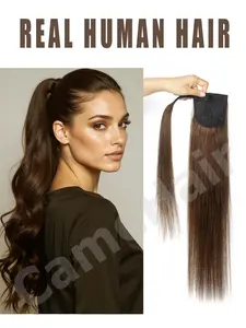 Long Straight Clip-In Ponytail Hairpiece Remy Human Hair, Real Human Hair Extensions with Wrap-Around Attachment Natural Look Ponytail Wig for Women Seamless Blending brown jet black natural black for Halloween Christmas party