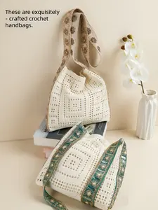 Bohemian Knitted Shoulder Bag, Ethnic-Inspired Woven Design, Button Closure, Unlined Sports & Outdoor Accessory - Ideal for Vacations, Beach Outings