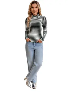 Ebossy Women's Slim-Fit Striped Turtleneck Lightweight Long Sleeve Top Soft Stretch Fabric Back Detail Basic Layering Shirt Perfect for spring & summer, casual daily & work outfits