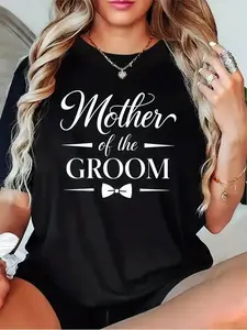 Women'S Elegant Mother of the Groom T-Shirt - Wedding Party Attire with Bowtie Motif & Cursive Lettering, Round Neck Short Sleeve Casual Fit, Black/Grey/White/Dark Red, All-Season Formal Event Top for Weddings & Special Occasions