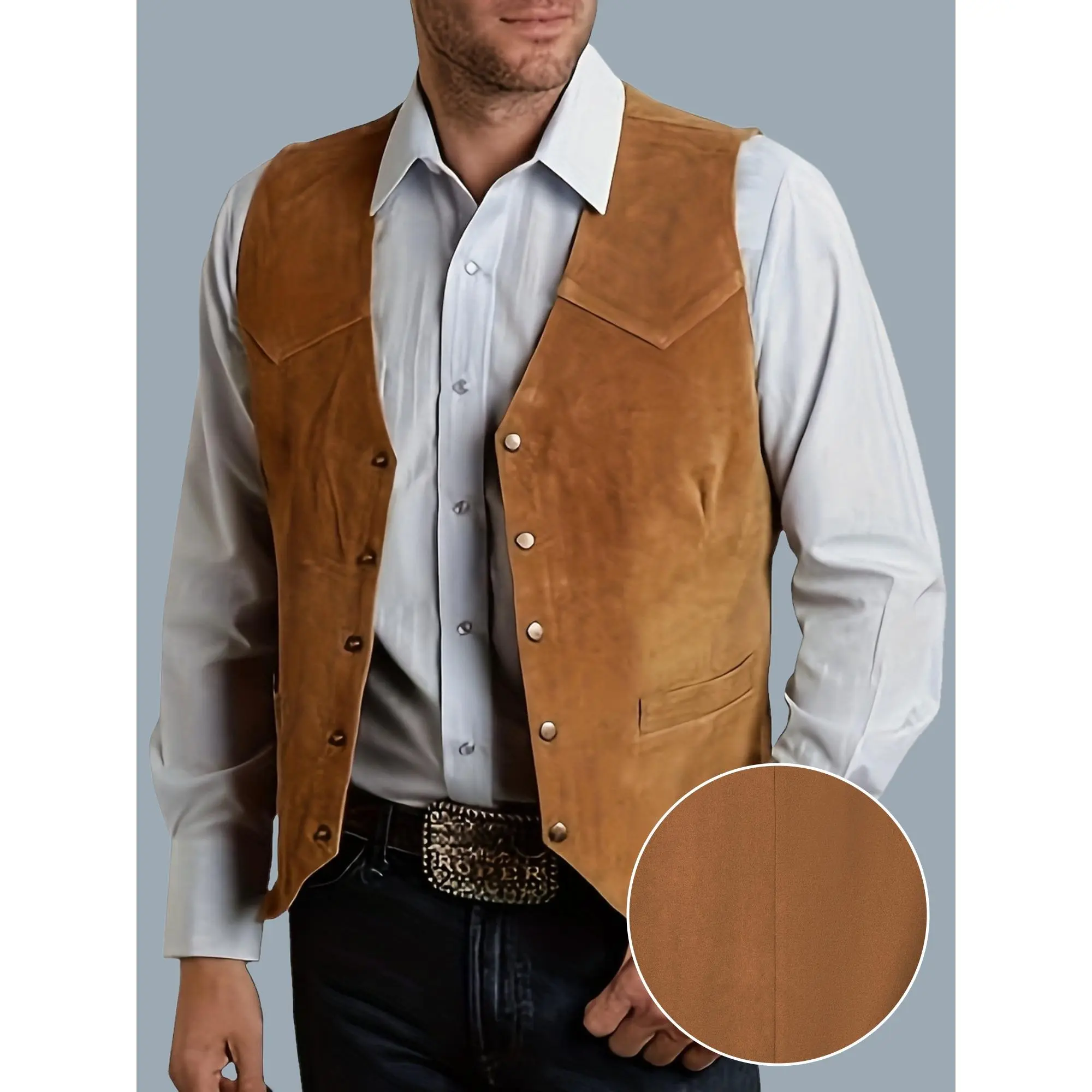 Men's Light Brown Western Vest, Vintage Faux Suede Cowboy Waistcoat, Plain Sleeveless Slim Fit for Weddings, Light Brown-1, Regular, Menswear, Cowboy Vest, Plain Solid, Standard Sizes