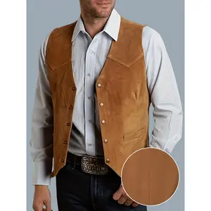 Men's Suede Leather Vest Vintage Cowboy Style Sleeveless Jacket Slim Fit Wedding Waistcoats Beige Menswear