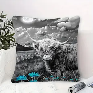 Black White Night Highland Cow Throw Pillow, Soft Decorative Cushion with Turquoise Daisy Print, Comfort Square Pillow for Bedroom Sofa Couch Cabin Lodge Dorm, Perfect Home Decor Gift for Western Lovers (Includes Insert)