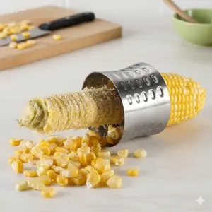 Portable Corn Stripper Machine with Non-Slip Handle & Splash Guard. Efficient Corn Kernel Remover Tool for Kitchen, Camping, and Fresh Corn Processing.
