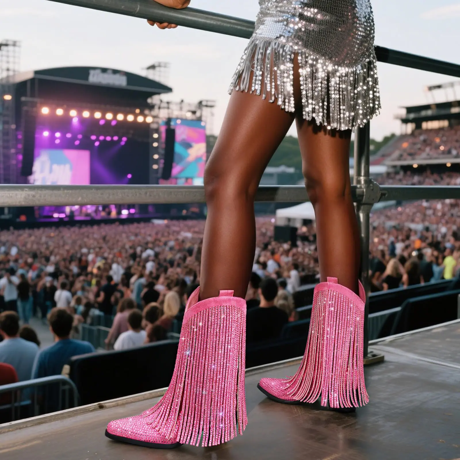 Fringe Cowboy Boots for Women – Mid Calf Pink Cowgirl Boots with Star Studded, Pointed Toe and Chunky Heel, Perfect for Country Music Festivals