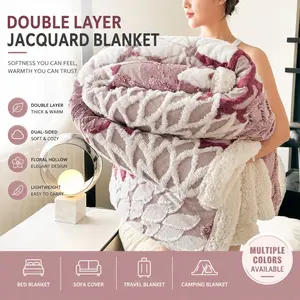 1PC Double Layer Thick Jacquard Blanket | Hollow Floral Design, Soft Dual-Sided Fabric, Bed & Sofa Throw Blanket, Lightweight Travel & Camping Blanket, Multi-Color