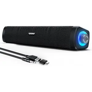 USB Computer Speakers,Computer Speakers with 3.5 mm aux,Wired USB  & Colorful LED Lights with  Button,Surround Sound Portable SoundBar for  Laptop Phone(Black)
