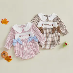Baby Girl's Plaid Thanksgiving Romper, Long Sleeve Knit Outfit with Doll Collar and Turkey Embroidery, Baby Clothes Girl