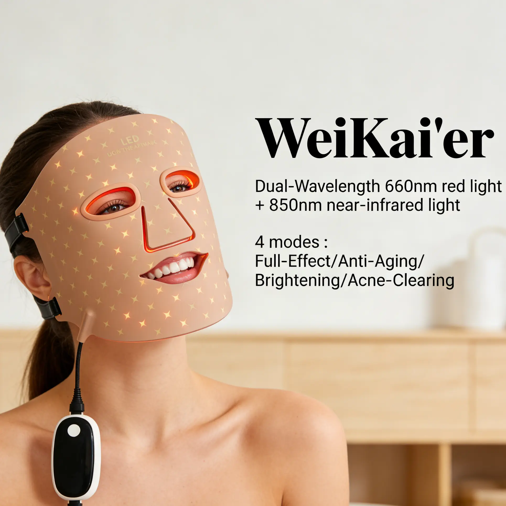 WeiKai'er LED Face Mask, Red Light Therapy Device with 4 Modes, 850nm NIR LED, Anti-Acne, 10-Min Automatic Timer, Safe, Comfortable, Lightweight for Home & Travel Skincare Brightening, Red Light Therapy Mask
