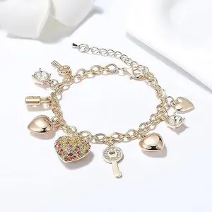 14K Gold Plated Chain Link Bracelet for Women – 7" + 2" Extender with Crystal Love Heart, Key & Lock Charms, Adjustable Charm Bracelet Jewelry Gift