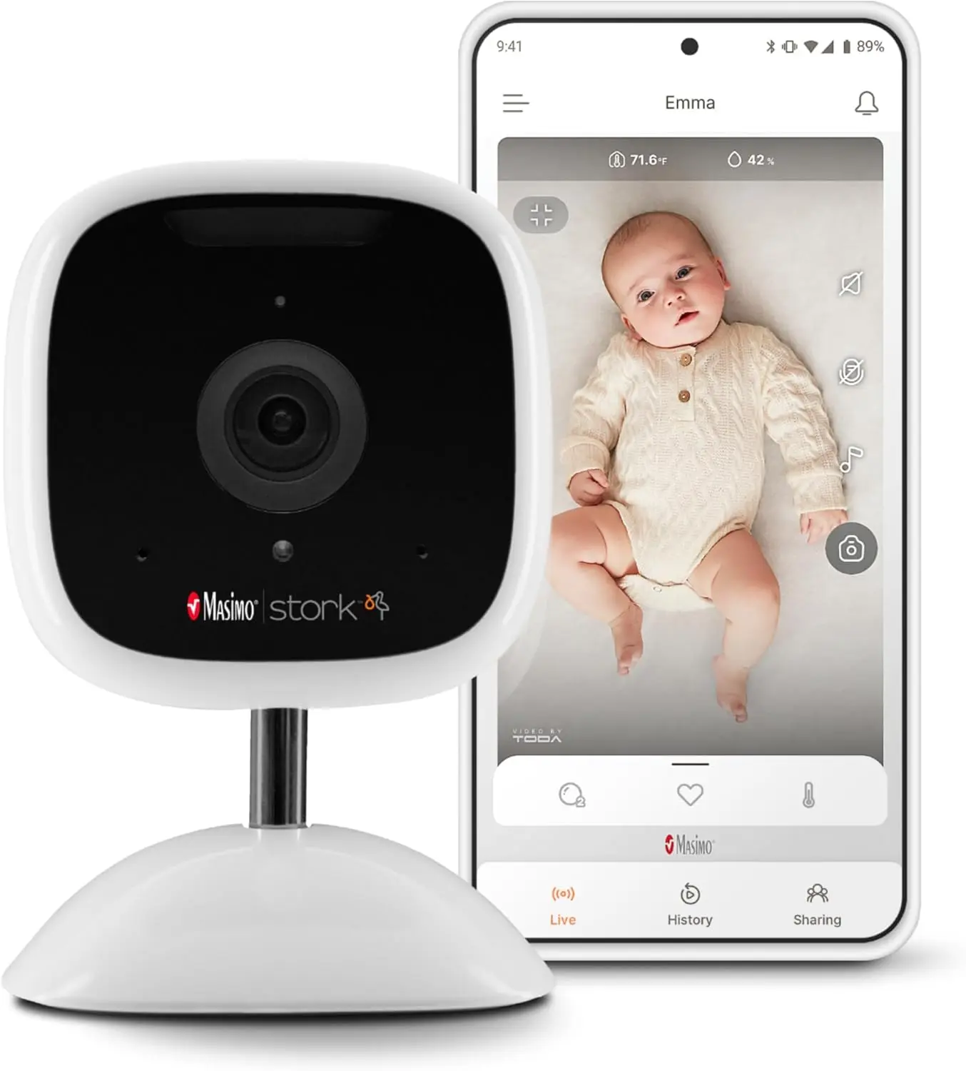 Masimo Stork Wireless Baby Video Monitoring System - 2K HD Camera, 2-Way Audio, Night Vision, Adjustable Sound Recorders for Toddlers