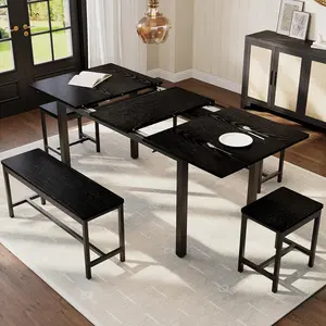 5 Piece Extendable Dining Table Set for 4-8 People, 63 Inch Kitchen Table with 2 Benches & 2 Stools, Space Saving Modern Dining Room Furniture, Easy Assembly, Metal Frame