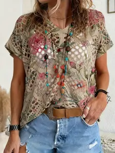 Spring Summer V Neck Hollow Out Batwing Sleeve Knit Top, Floral Plant Print, Casual Elegance Commuter Wear, Boho Beach Cover-Up