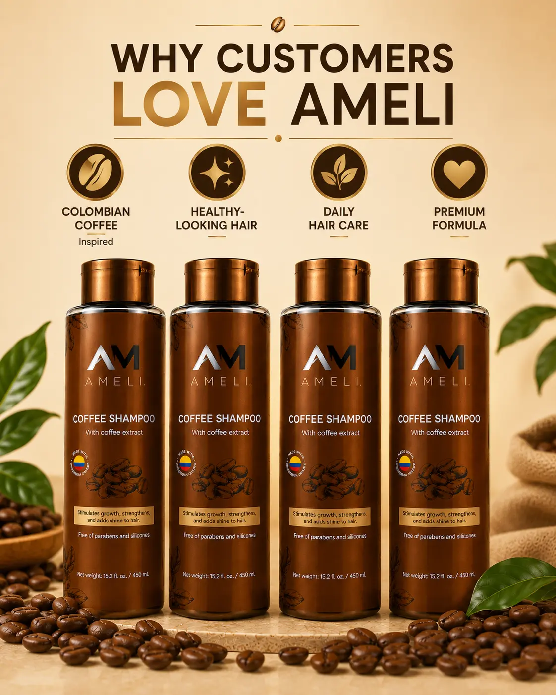Coffee Shampoo for Dry & Weak Hair | Buy 3 Get 1 Free | 4-Pack Hair Care Bundle | AMELI Haircare Product