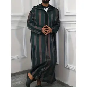 Men's Striped Hooded Long Robe - Casual Polyester Thobe with Zipper Detail, Machine Washable - Perfect for Spring/Fall