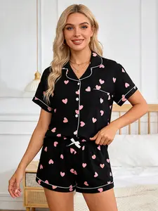 Women's Pajama Set Cardigan Short Sleeve Spring Summer Heart Pattern Viral Trending Short Sleeve Cardigan Comfy Cozy Home Wear Spring Summer Cute