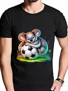 Cute Koala Soccer Ball T-Shirt Funny Sports Gift for Him Dad Husband Teamwork Spirit Office Outfit Perfect Birthday Present Lightweight 180g Graphic Tee Cool Trendy Novelty Football Fan Tee