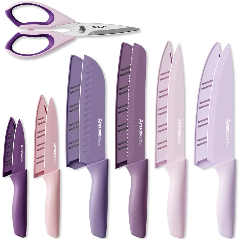 Astercook 7-Piece Durable Rustproof Stainless Steel Kitchen Knife Set with 6 Blade Guards, Ergonomic Coated Knives for Cutting, Kitchenware, Elegant Purple Valentine's Day Gift for Her, Dishwasher Safe