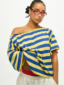 Women's Blue Yellow Striped Off Shoulder 2026 Y2K Retro Loose Fit Short Sleeve Drop Shoulder Top Casual Going Out Streetwear Summer Daily Trendy Outfits Viral TikTok Made Me Buy It