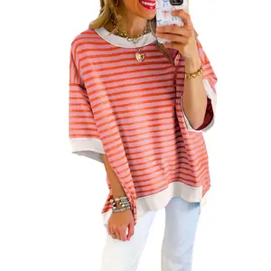Znacicc Women's Oversized Striped Color Block Tees Half Sleeves Casual Pullover T-Shirt, High-Low Drop Shoulder, Comfortable Fit Womenswear