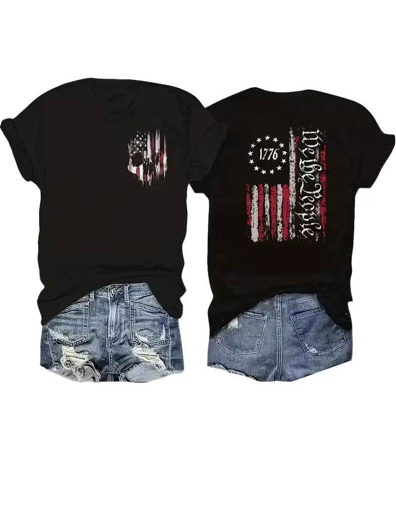 Men's Cotton 1776 We The People American Flag Skull Print T-Shirt - Double-Sided, Patriotic 4th of July, Everyday Casual Fit Tee,summerwins,father'sdaygifts Shorts