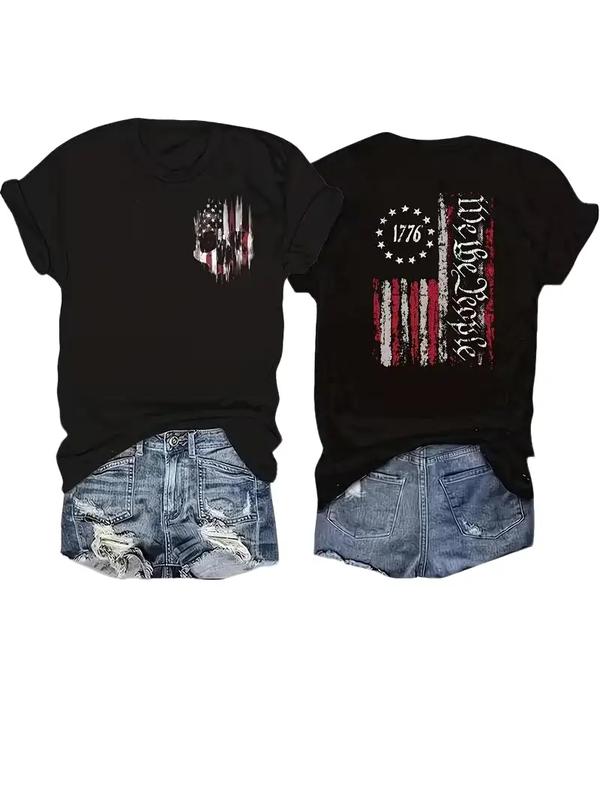 Men's Cotton Short-Sleeve Round Neck 1776 We The People American Flag Skull Print T-Shirt - Double-Sided, Patriotic 4th of July, Relaxed Fit Tops, Father's Day Gifts Cargo Shorts