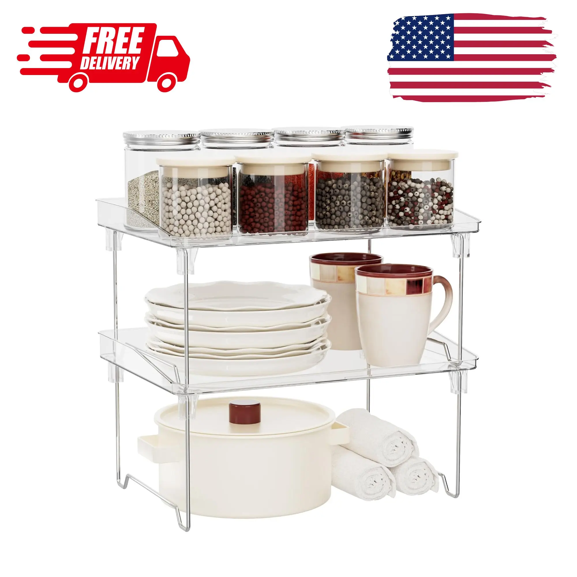 2 Pcs Cabinet Organizer Shelf, Stackable Kitchen Counter Shelves