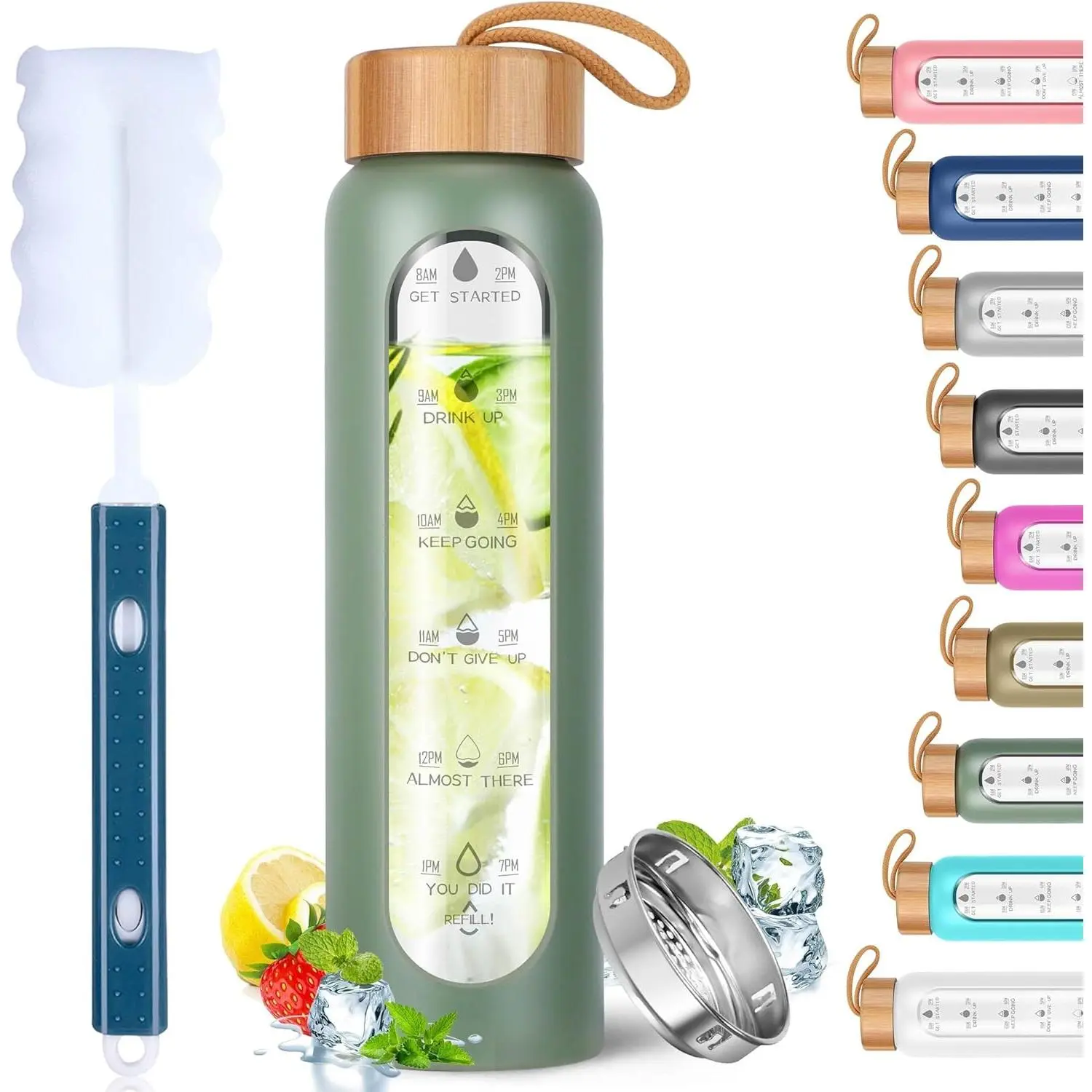 Glass Water Bottles 25 Oz with Silicone Sleeve - BPA Free Reusable  Glass Motivational Water Bottles with Fruit Infuser - Leak Proof Borosilicate Water Bottle with Time Marker (Green)