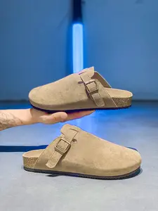 Men's Casual Birkken Slippers Spring Summer Fall, Vintage Textured Velour Adjustable Buckle Slip on Mules, Simple Solid Color Half Slipper