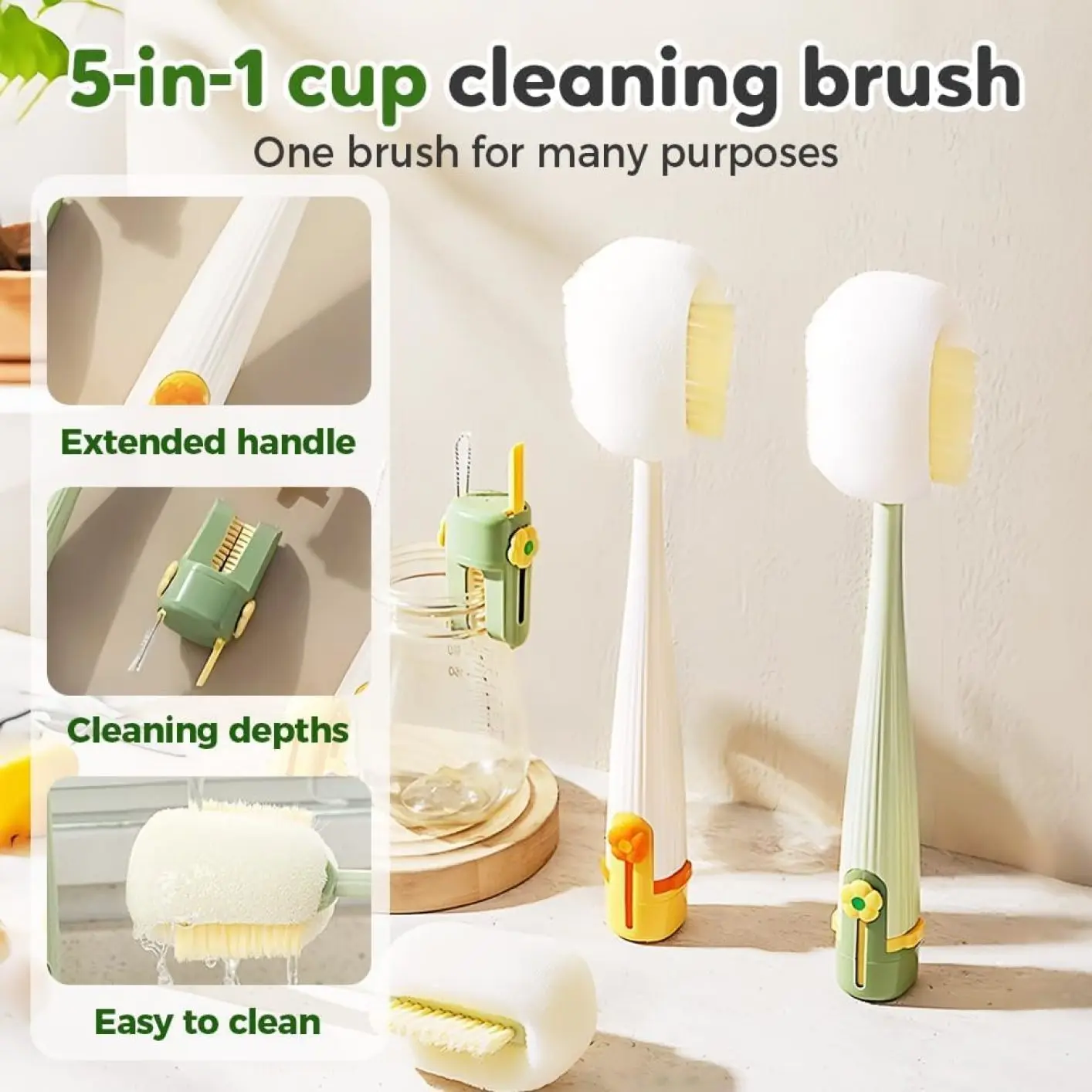 Hatone Inc 5-in-1 Portable Bottle Cleaning Kit - Sturdy Bristles, Tight Space-Specialized Lid Crevice Detailer, Easy to Clean, Travel/Office/Home Use, Practical for 2-3 Years Baby Feeding Needs