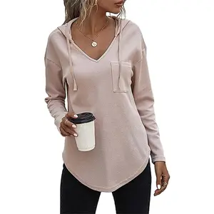 Women's V Neck Hoodies Long Sleeve Sweatshirt Drawstring Pullover Tops with Pocket