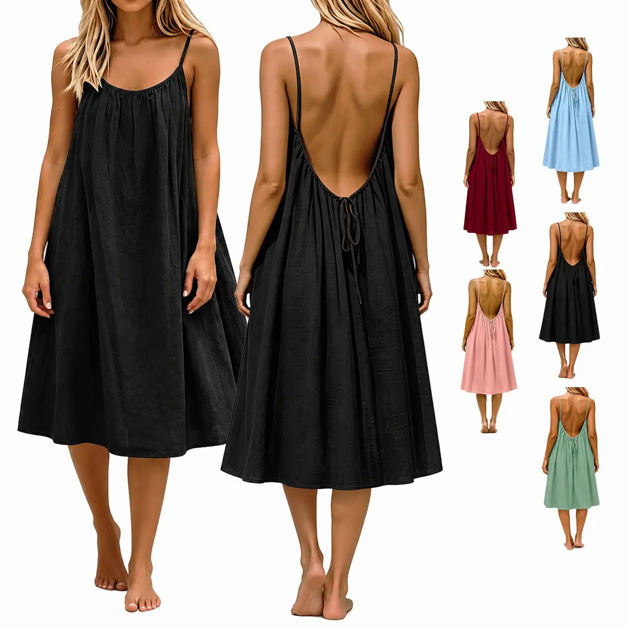 Women's Casual Solid Color, Backless Loose Tie-Strap Maxi Dress Backless vacation style long home skirt dress for women Womenswear Womenswear Elegant