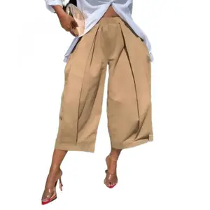 Women's Loose Solid Color Capri-Pants Cropped Trousers 100% Cotton Summer Comfortable Breathable Fabric Elastic Waistband Lantern Pants with Pockets Casual Style Bottoms Womenswear