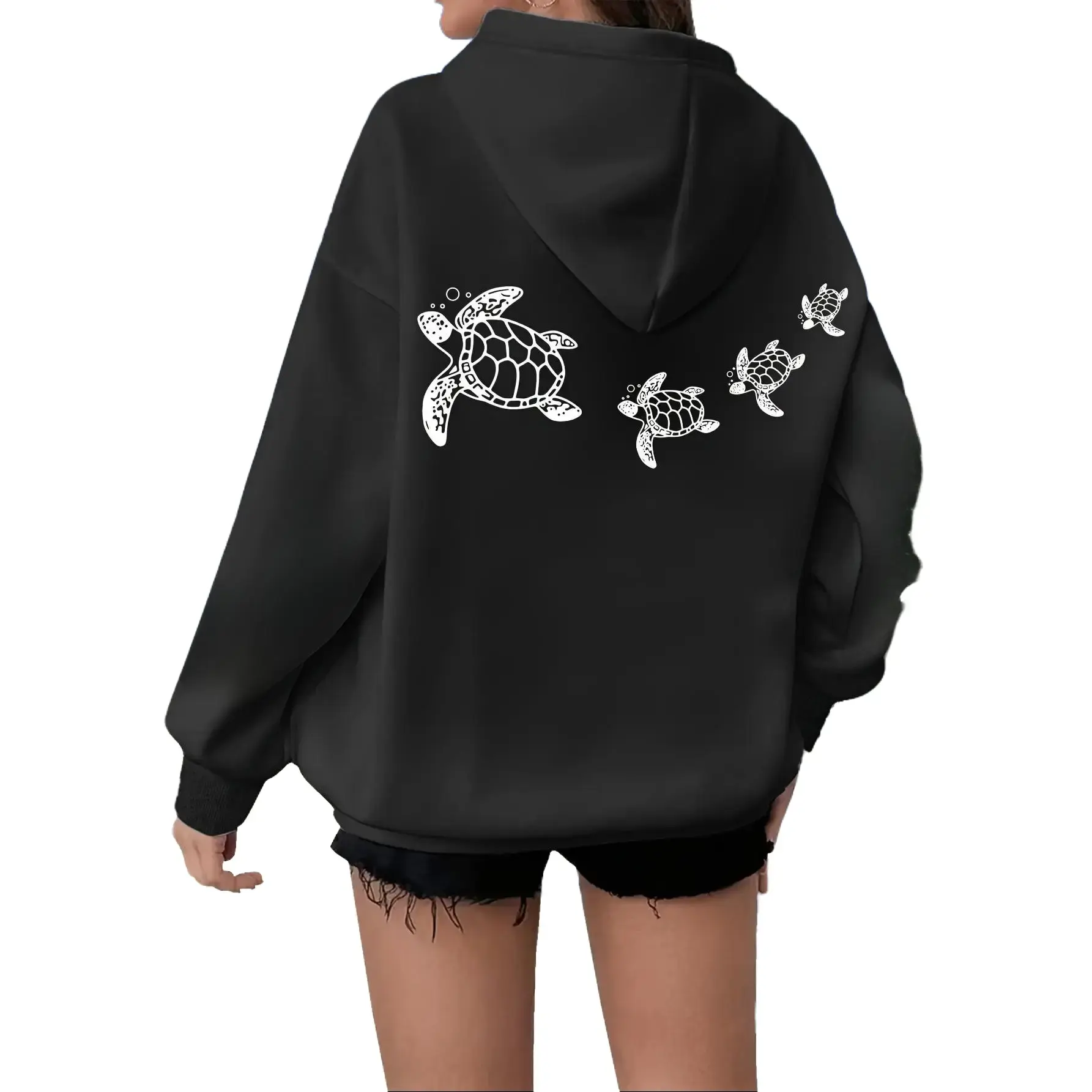 Four Line Sketch Sea Turtles Descending Size Back Print Black Oversized Pullover Hoodie Soft Fleece Coastal Beach Boho Unisex Sweatshirt
